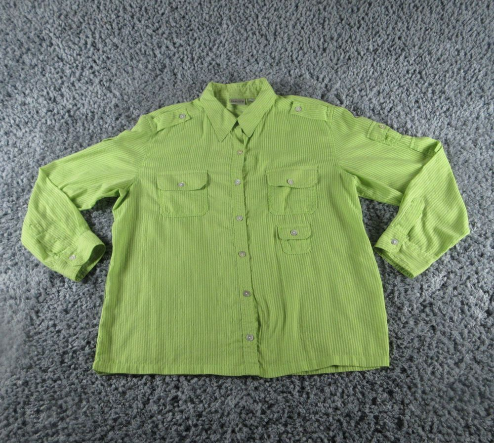 Chicos Shirt Womens 3 Green Striped Long Sleeve Button Up